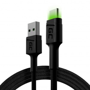 Kabel Przewód Green Cell Ray USB - USB-C 120cm z zielonym podświetleniem LED i obsługą szybkiego ładowania Ultra Charge/ QC 3.0